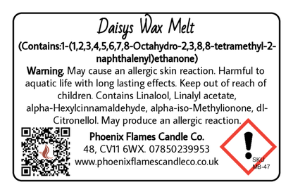 Label for Daisys Wax Melt with warning information and contact details.