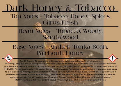 Product label for 'Dark Honey & Tobacco' with text detailing scent notes and reed diffuser clp information