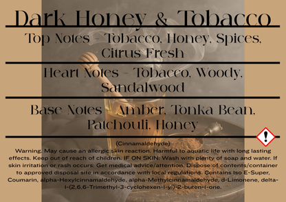 Product label for 'Dark Honey & Tobacco' with scent notes and room mist spray CLP information