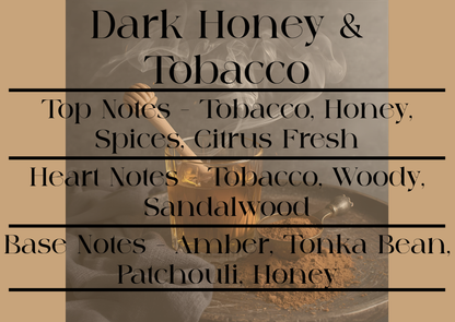 Product packaging with text detailing notes of dark honey and tobacco.