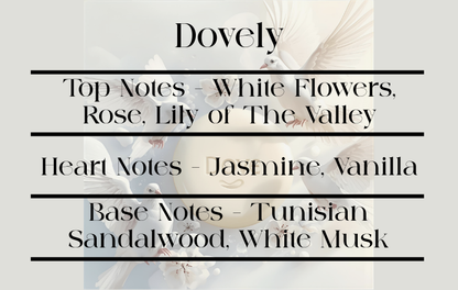 Product scent description card with floral elements and text on a light background