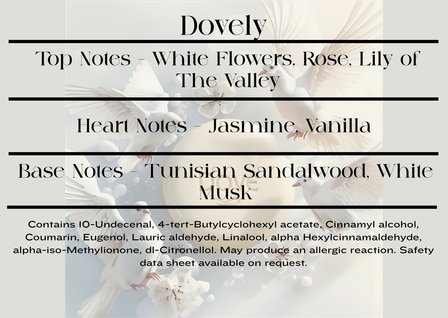 Product label with fragrance notes and CLP information