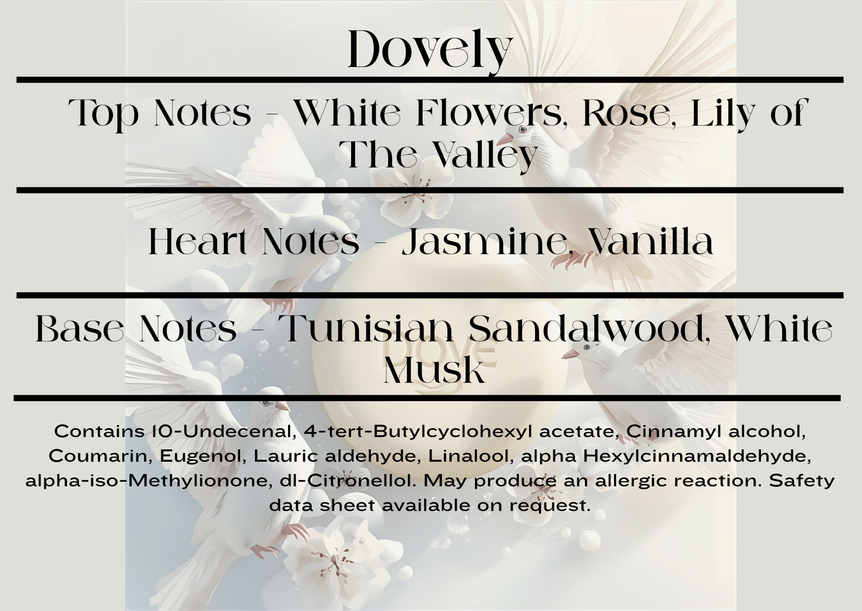 Product label with fragrance notes and CLP information