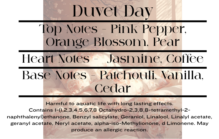 Duvet Day scent notes and wax melt CLP information