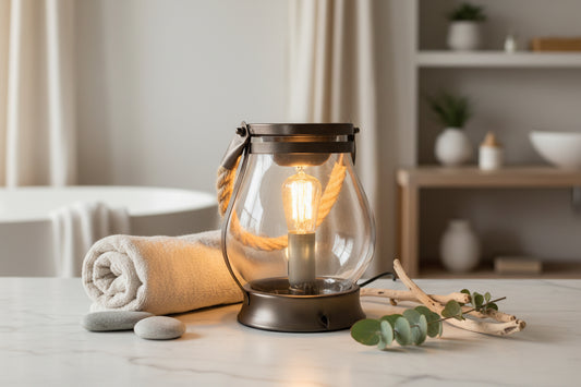 Vintage-style nautical lantern wax melt burner with a lit bulb