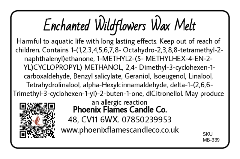 Label for Enchanted Wildflowers Wax Melt with product details and contact information.