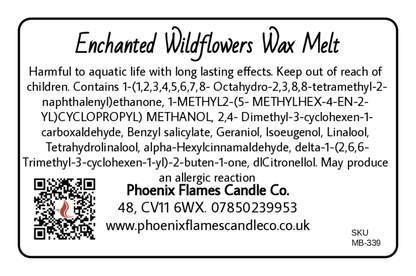 Label for Enchanted Wildflowers Wax Melt with product details and contact information.