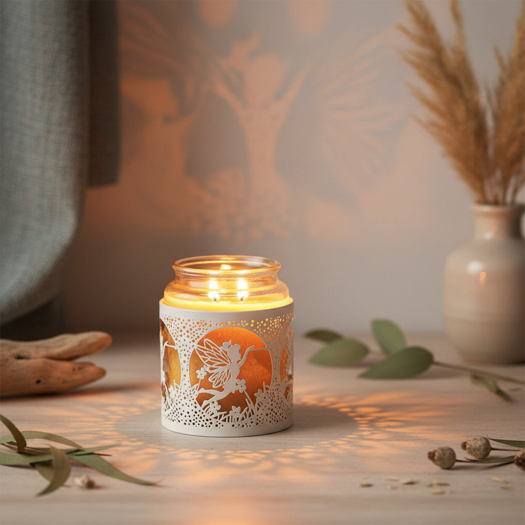 Candle in a decorative holder with a fairy design 
