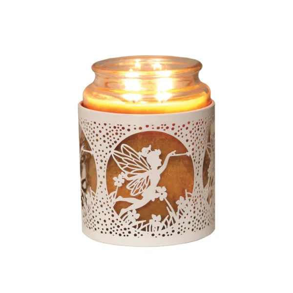 Candle in a decorative holder with fairy design on a white background