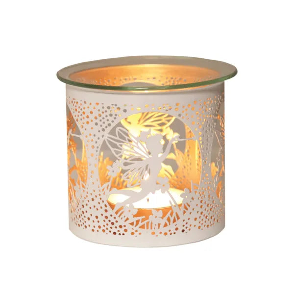 Fairy wax burner in white lit with tealight