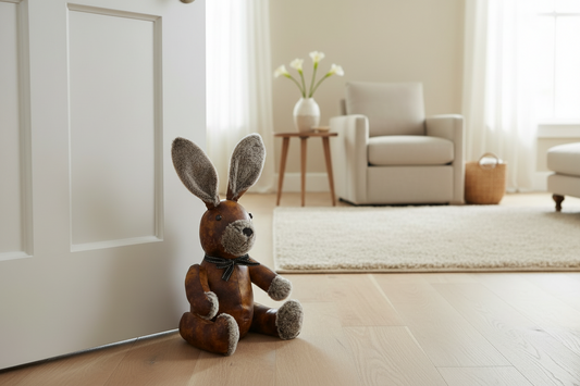 Stuffed rabbit doorstop with a bow tie on a white background