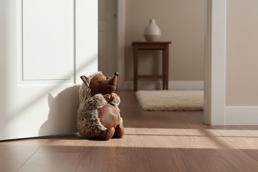 Fluffy hedgehog doorstop sitiing on a wooden floor