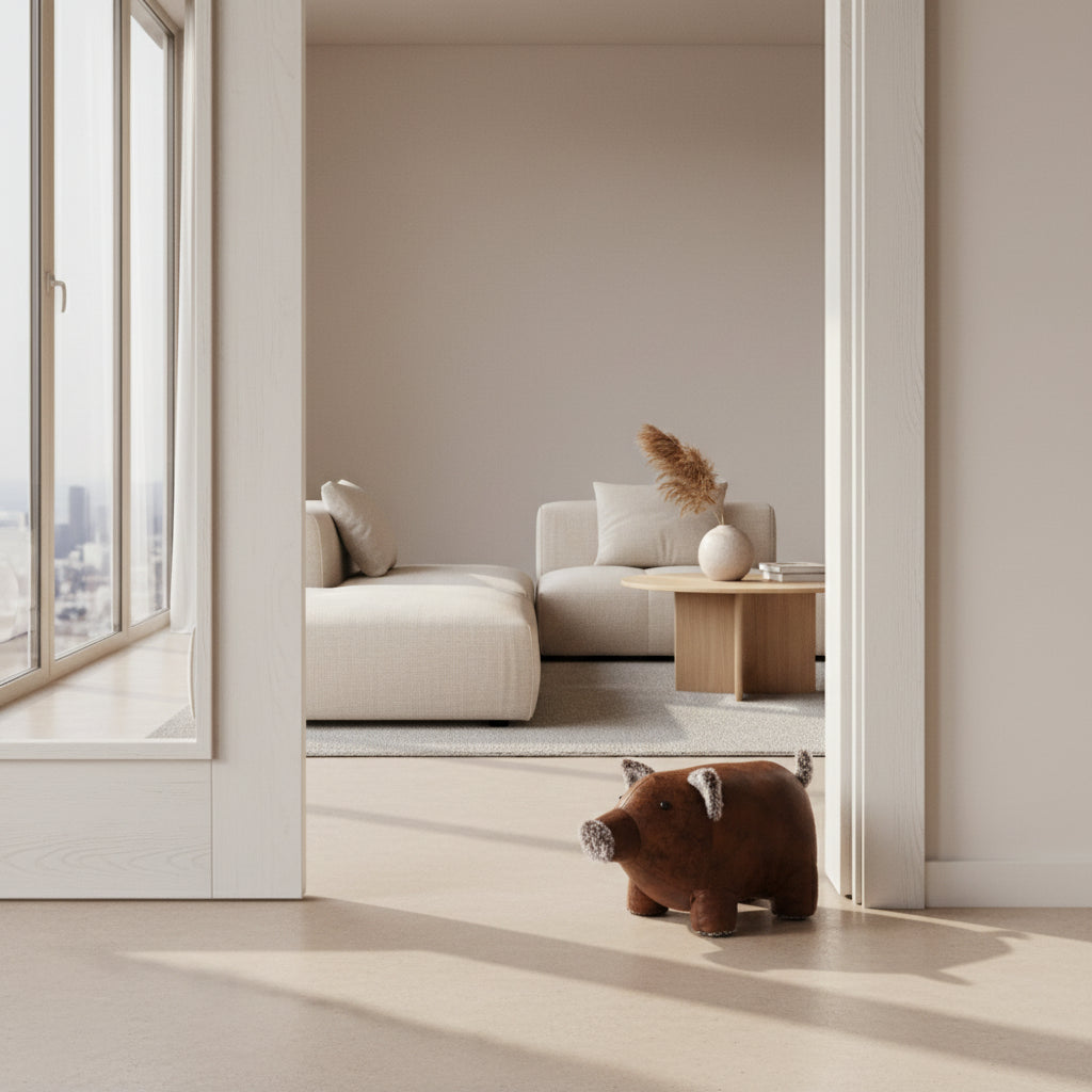 Faux leather pig doorstop on a wooden floor
