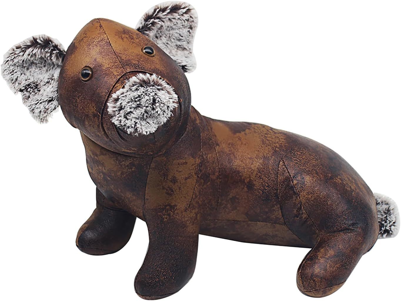 Faux leather sitting pig doorstop on a white backfround