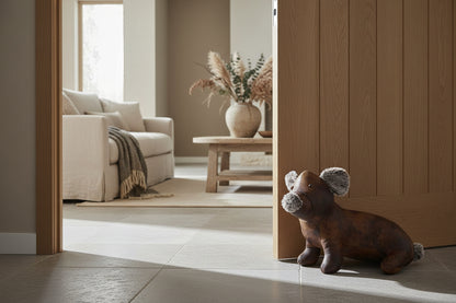 Faux leather sitting pig on a wooden floor with a living room in the background