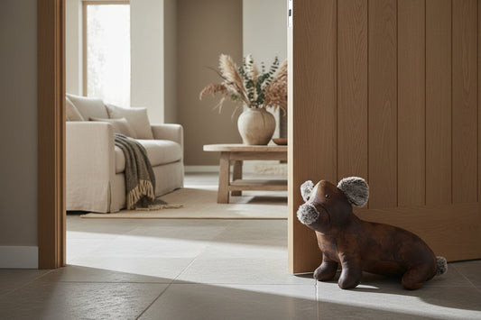 Faux leather sitting pig on a wooden floor with a living room in the background