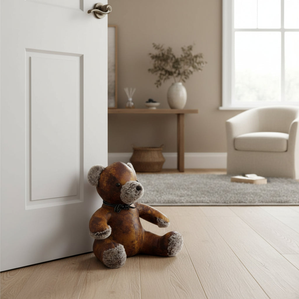 Faux leather teddy bear doorstop on a wooden floor