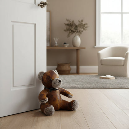 Faux leather teddy bear doorstop on a wooden floor