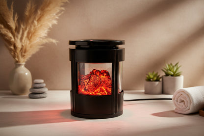 Black Wax Melt Burner with glass front displaying glowing embers inside