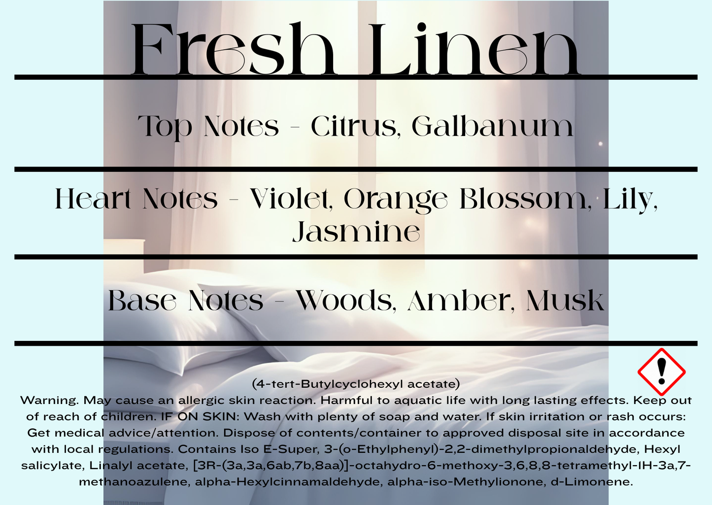 Product label for 'Fresh Linen' fragrance with notes and warnings.