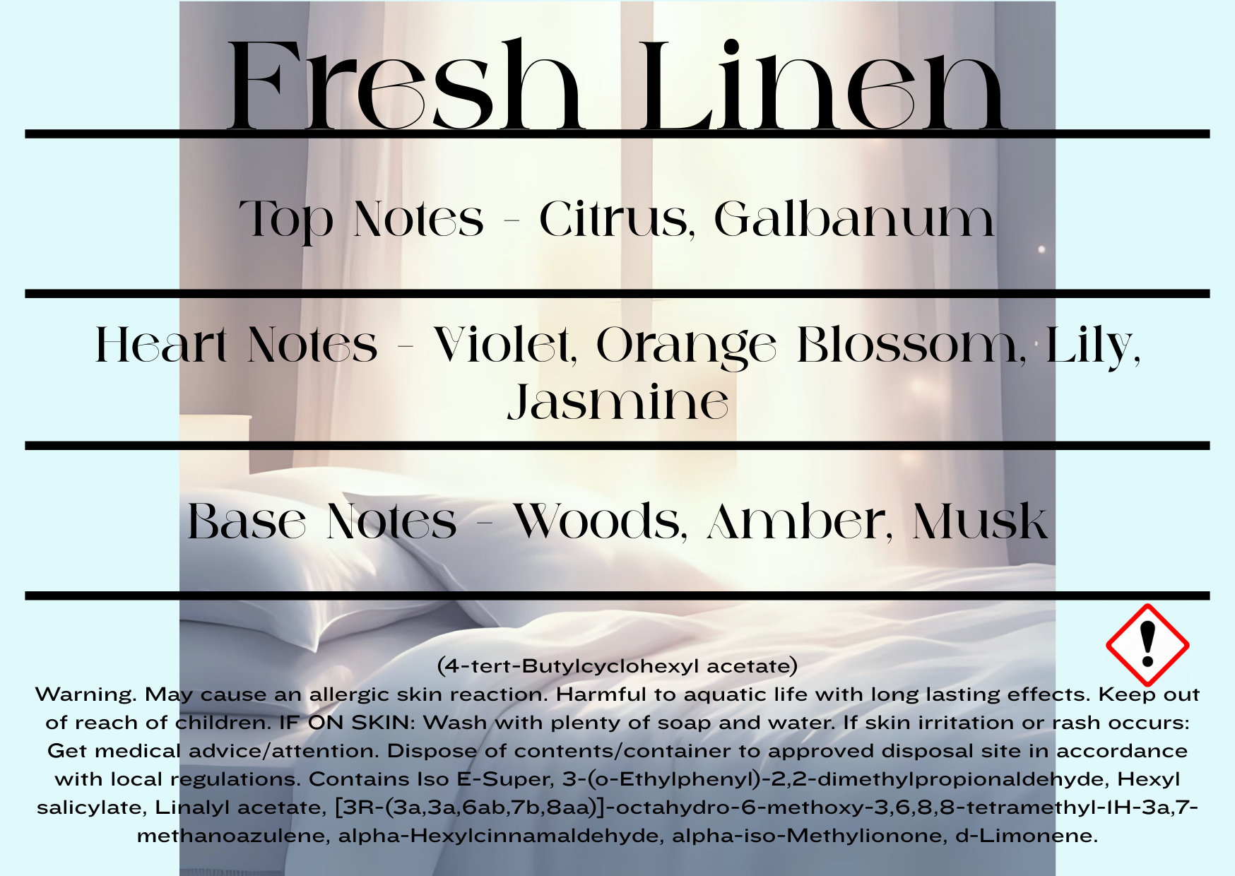 Product label for 'Fresh Linen' fragrance with notes and warnings.