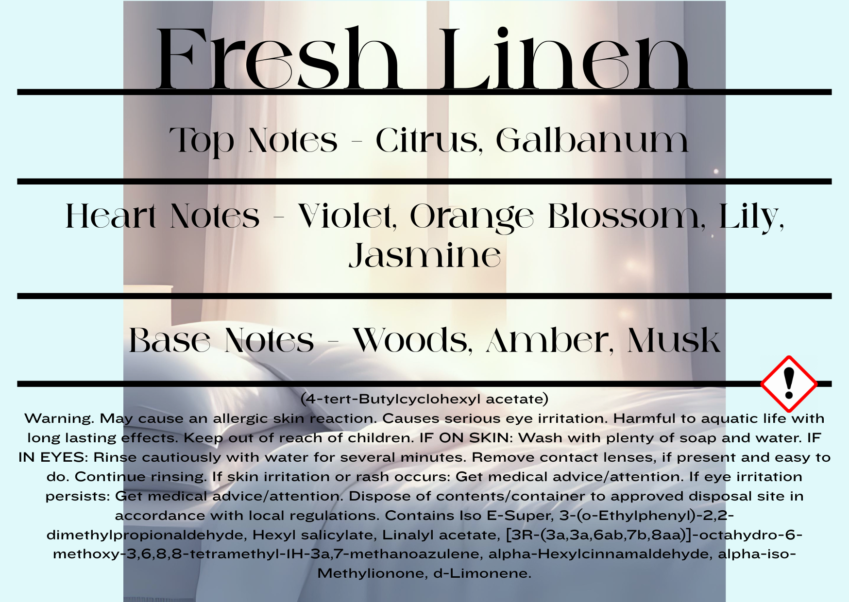 Product label for 'Fresh Linen' fragrance with notes and warning text.