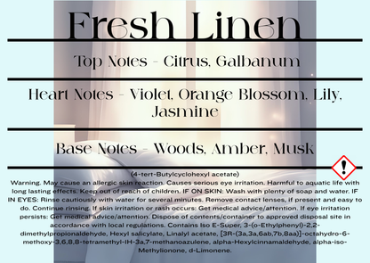 Product label for 'Fresh Linen' fragrance with notes and warning text.