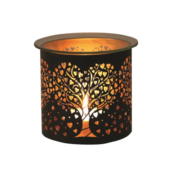 Black wax melt burner with heart tree design on a white background