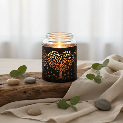 Black candle holder with heart tree design 