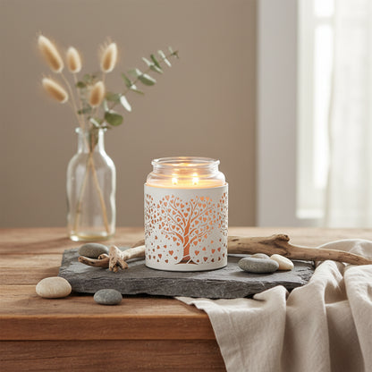 Candle holder with tree and heart design 
