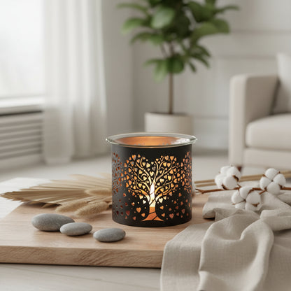 Decorative candle holder with heart tree design