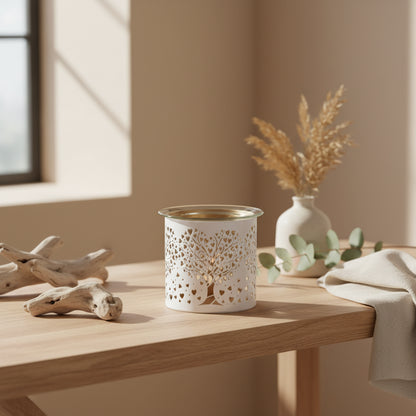 White wax warmer with gold tree and heart design 