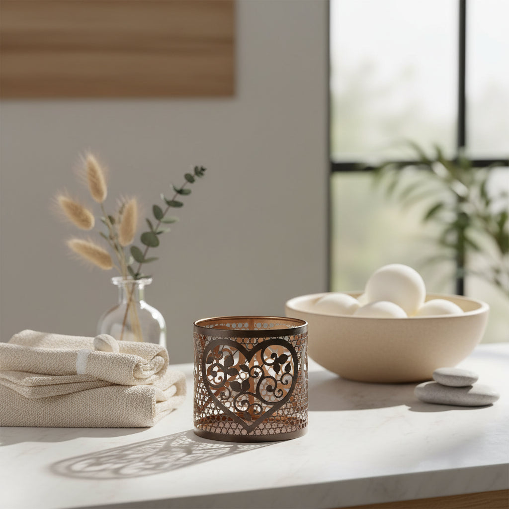 Decorative metal candle holder with intricate heart design 