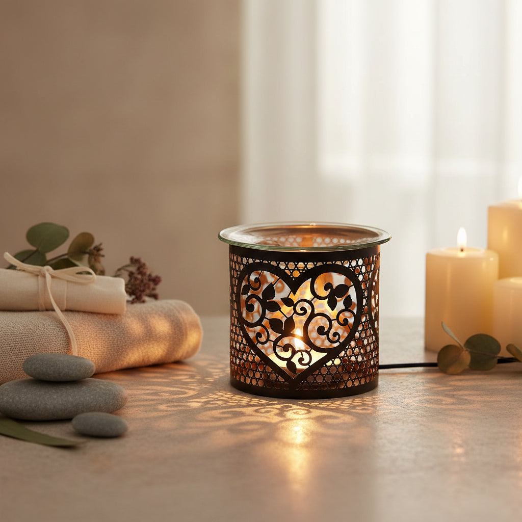 Decorative wax melt warmer with heart-shaped cut-out and intricate design 