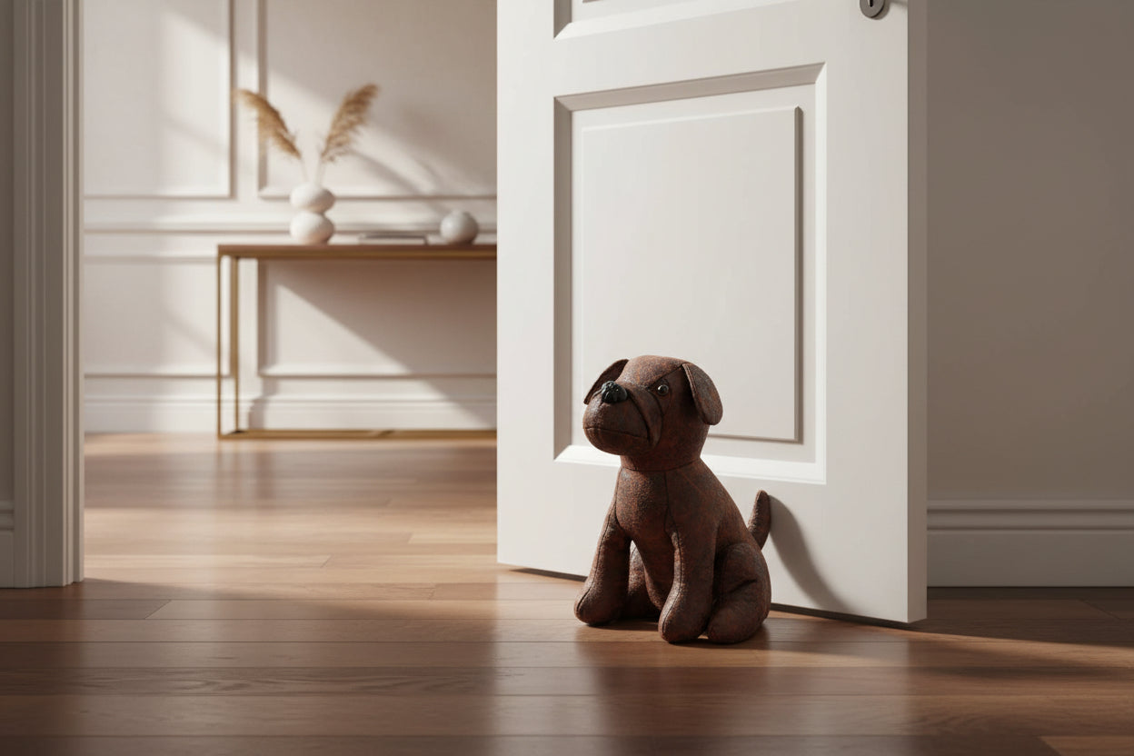 Brown dog doorstop sitting on a wooden floor in a room with a white door.