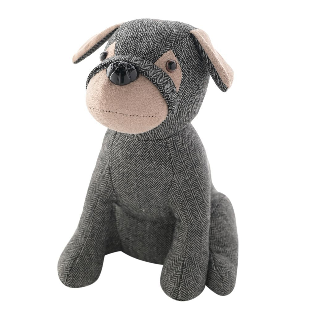 Grey dog doorstop with a textured pattern on a white background