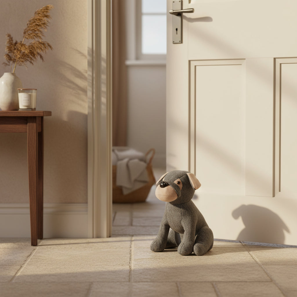 Grey dog doorstop sitting on a wooden floor in a room with a door open to another room.