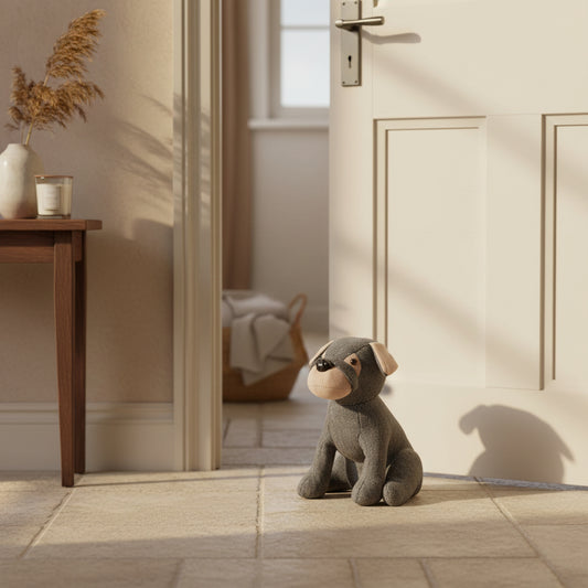 Grey dog doorstop sitting on a wooden floor in a room with a door open to another room.