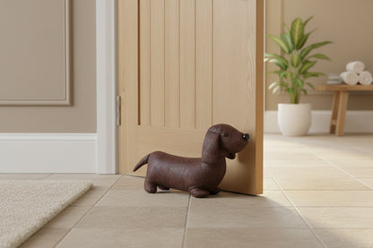 Brown dachshund-shaped doorstop