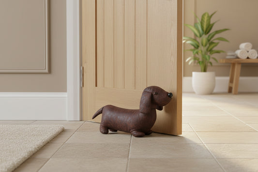 Brown dachshund-shaped doorstop