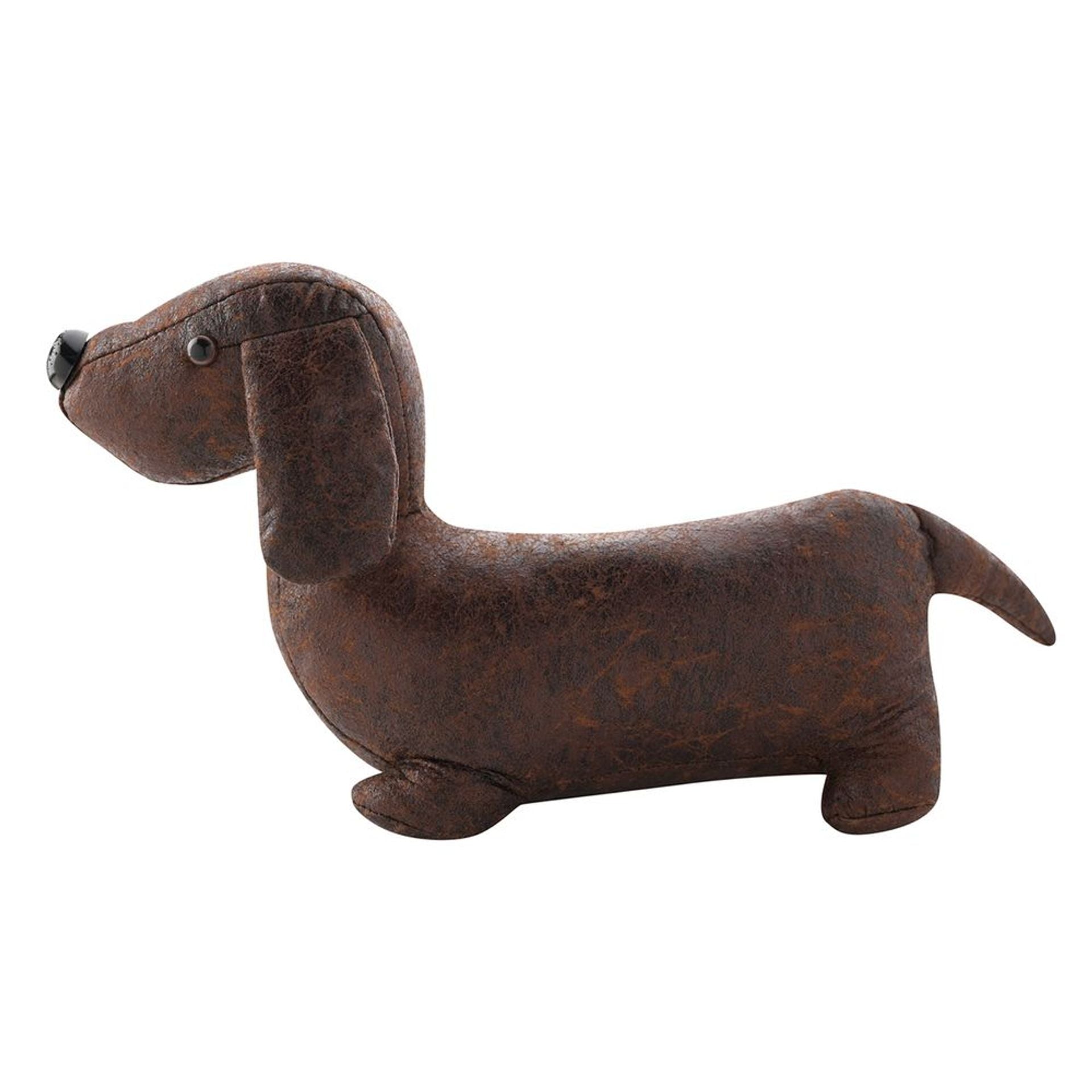 Brown dachshund-shaped doorstop on a white background