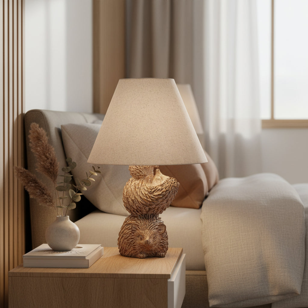 Decorative table lamp with a family of hedgehog base and beige lampshade 