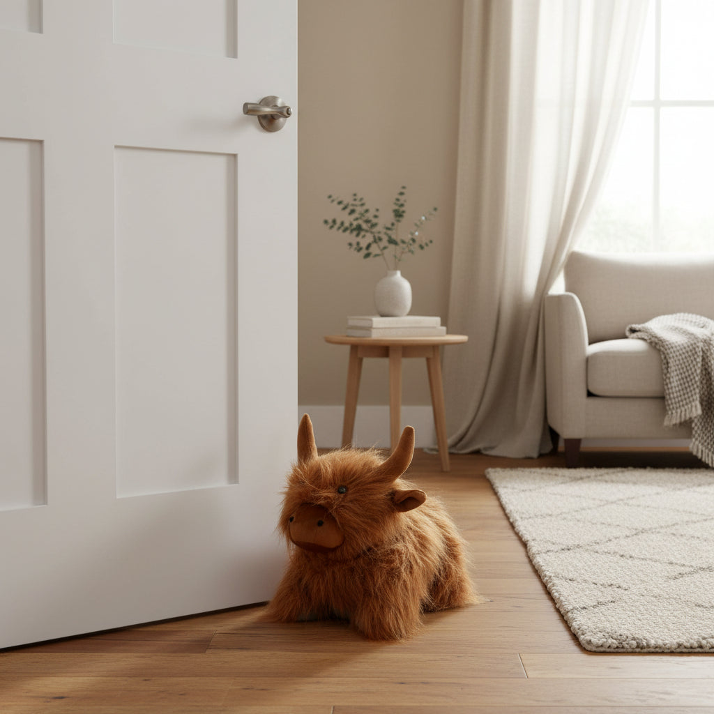 Fluffy brown highland cow doorstop on a wooden floor in a bright living room.