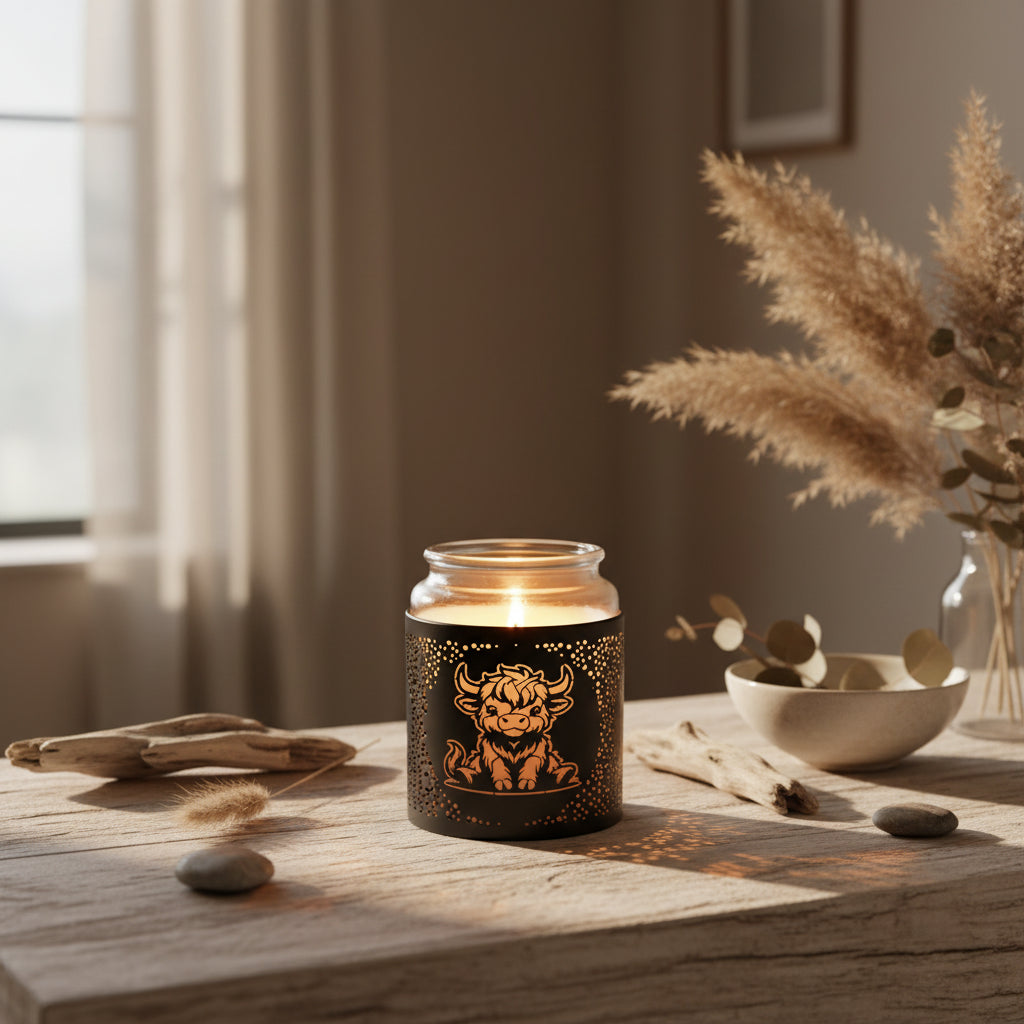 Jar with a decorative black sleeve featuring a bull design