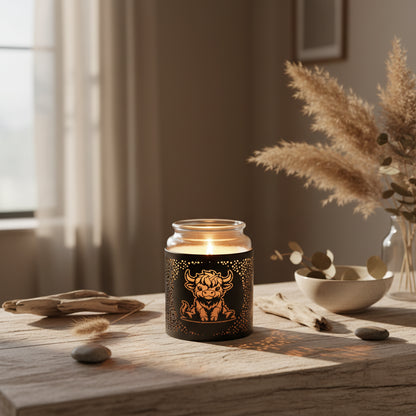 Jar with a decorative black sleeve featuring a bull design