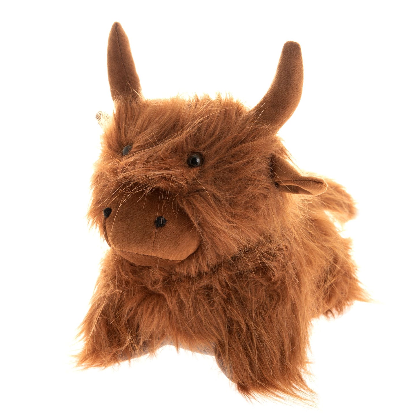 Plush brown Highland cow doorstop on a white background