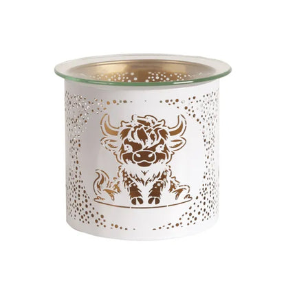 White wax warmer with Highland bull design on a white background