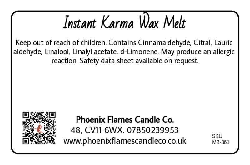 Label for Instant Karma Wax Melt with safety information and contact details.