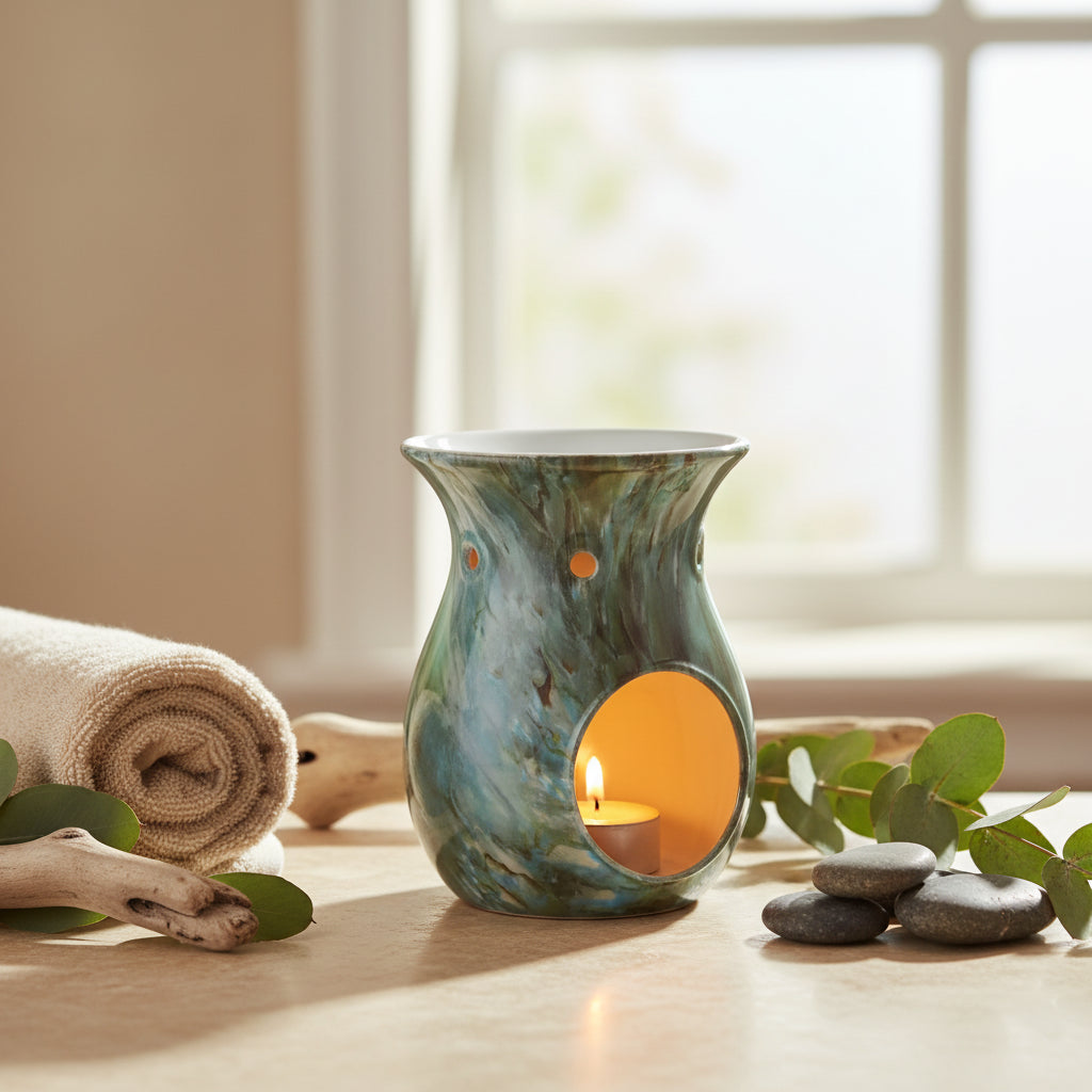Marbled wax melt burner in blues and greens sitting on a cream countertop with a lit tealight inside