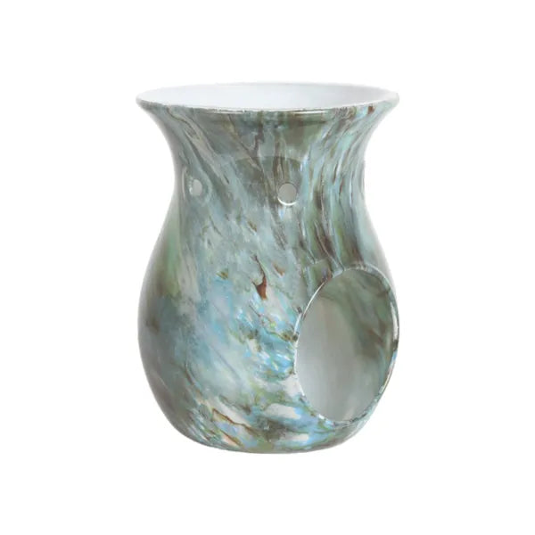 Marbled wax melt burner in jade green and blue tones on a white background